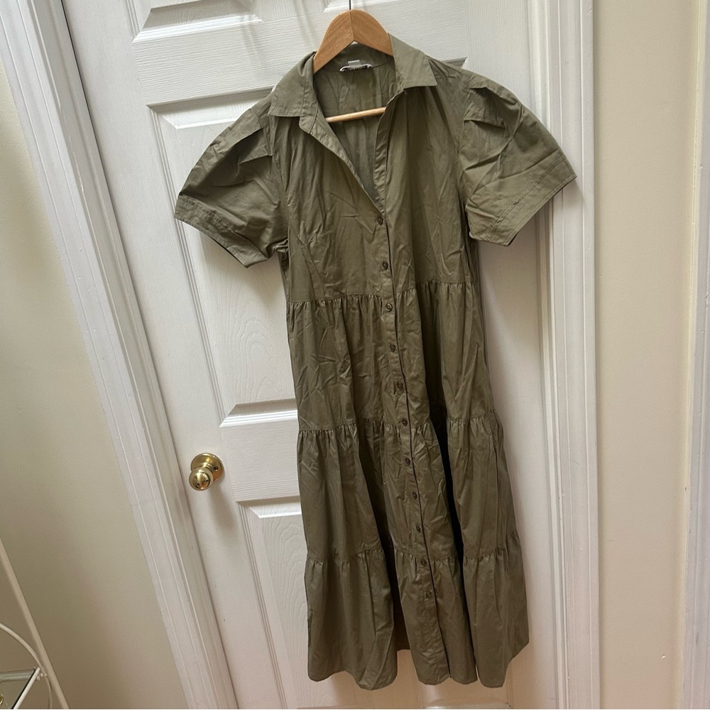 Calvin Klein Olive Green short sleeve collared tiered maxi dress 4 100% cotton